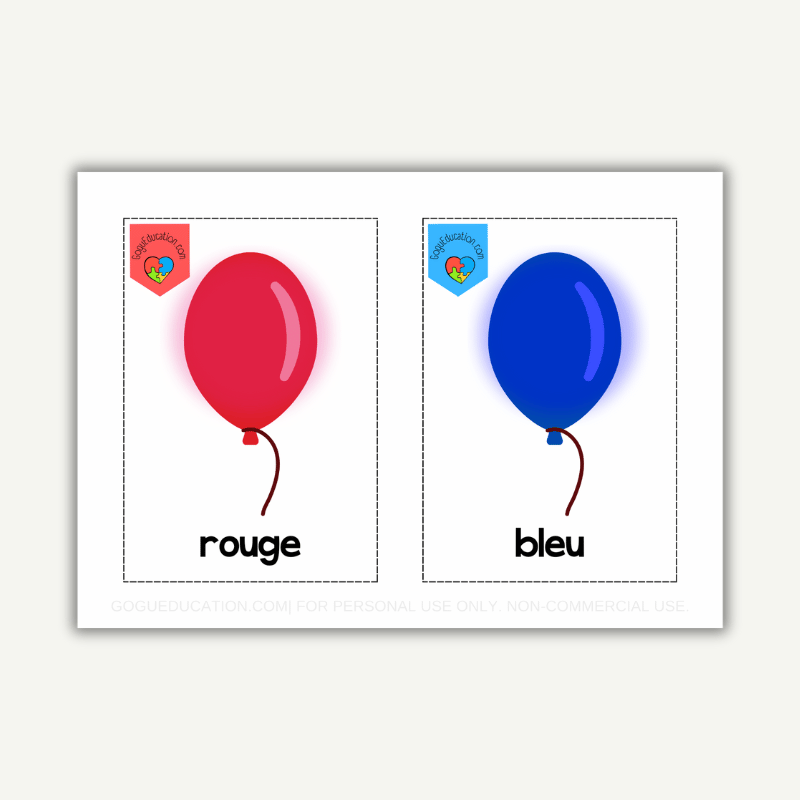 French Colors Balloons Flashcards Cartes Imprimable pour les couleurs et leurs noms