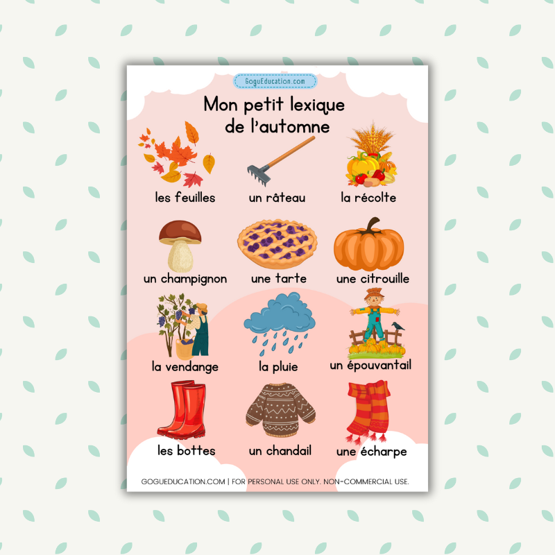 French Vocabulary Autumn Mon petit lexique de l'automne