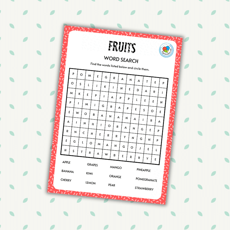 Fruits Word Search Worksheet Puzzle