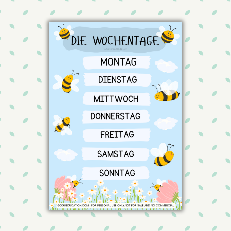 German Days of the Week die wochentage Poster Gogu Education