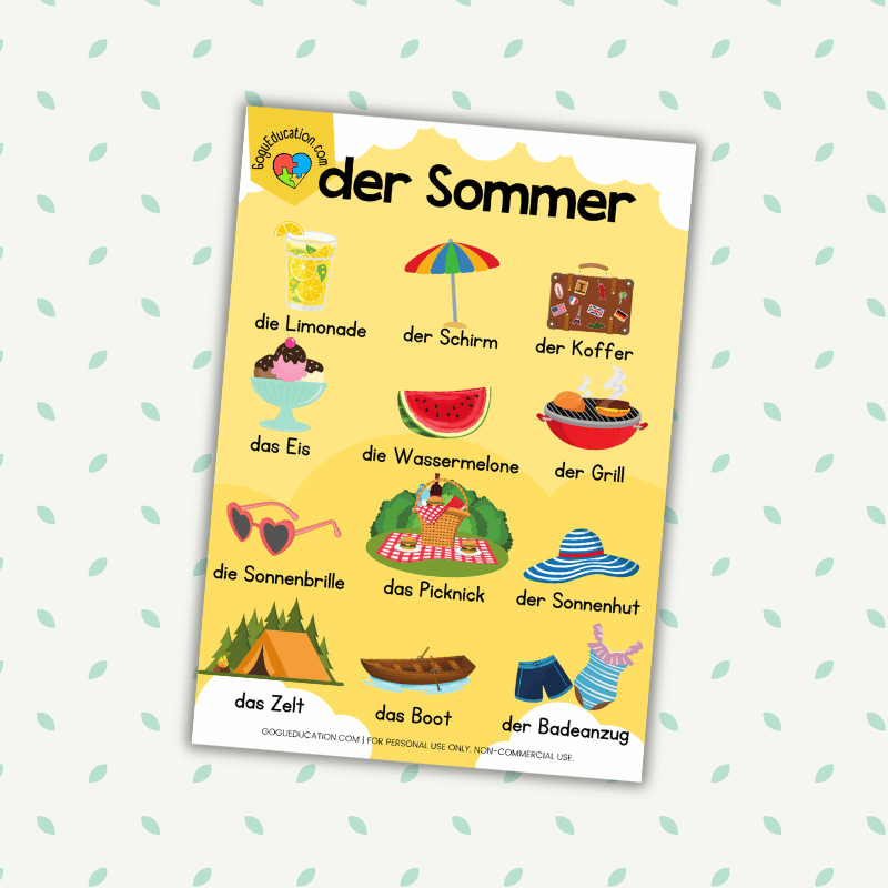 German Vocabulary der Sommer Summer Words