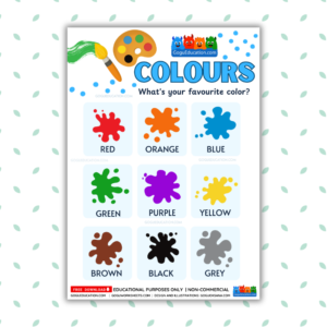 English Colours Poster printable showing splashes of red, blue, green, and yellow for educational classroom use.