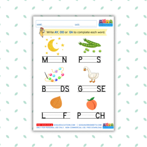 English Worksheet Write ay, oo or ea to complete each word. Gogu Education