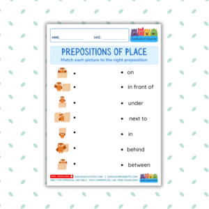 English Printable Prepositions of Place