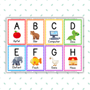 German alphabet flashcards printable PDF with letters and vocabulary words for beginners