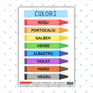 Free educational poster for learning Romanian colors (Culori) - printable PDF for toddlers and classrooms.