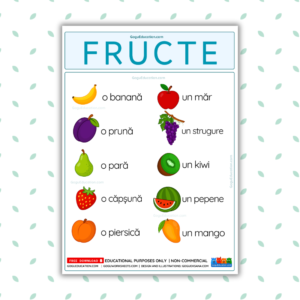 Printable Romanian Fruits Vocabulary Poster showing illustrations of apple, banana, grapes, and more with clear text labels (Fructe)