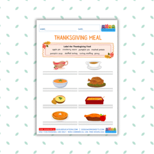 Thanksgiving Meal Vocabulary Worksheet