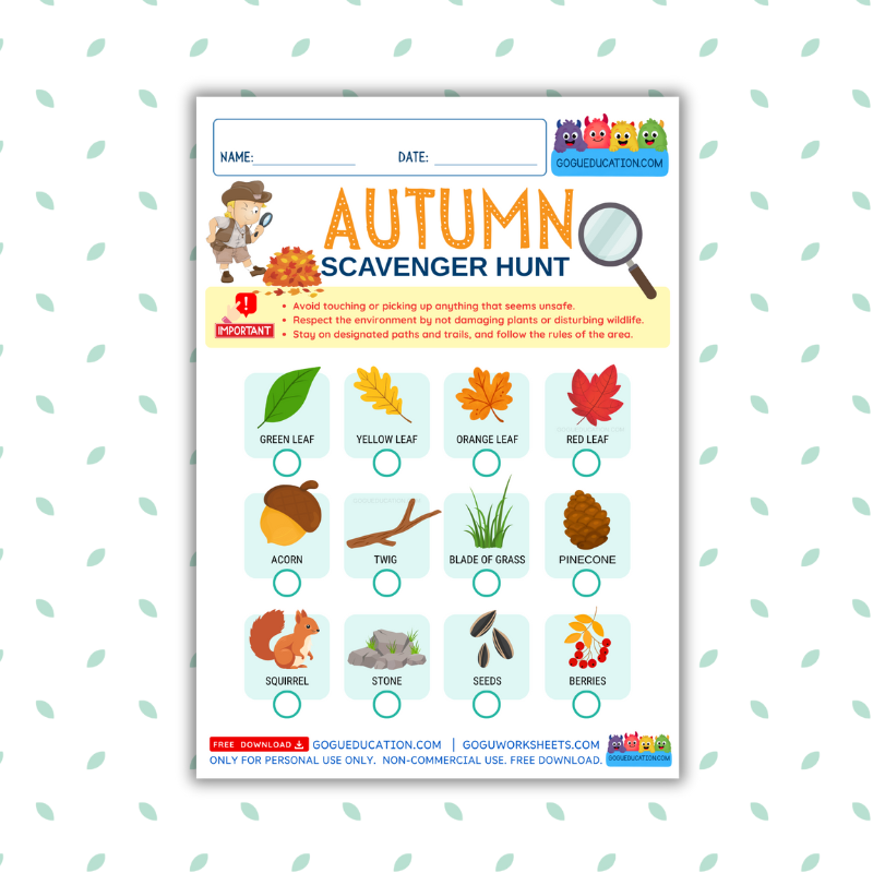 Preview GoguWorksheets.com – Autumn Scavenger Hunt Nature - GoguEducation.com