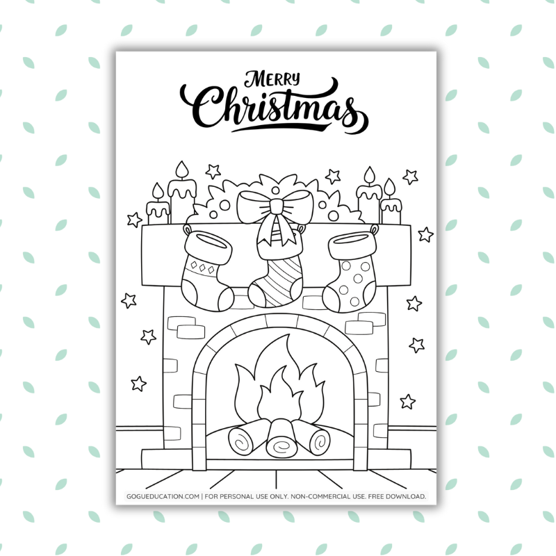 GoguWorksheets.com – Christmas Fireplace - Coloring Picture Worksheet Winter Activity for Kids Gogu Education