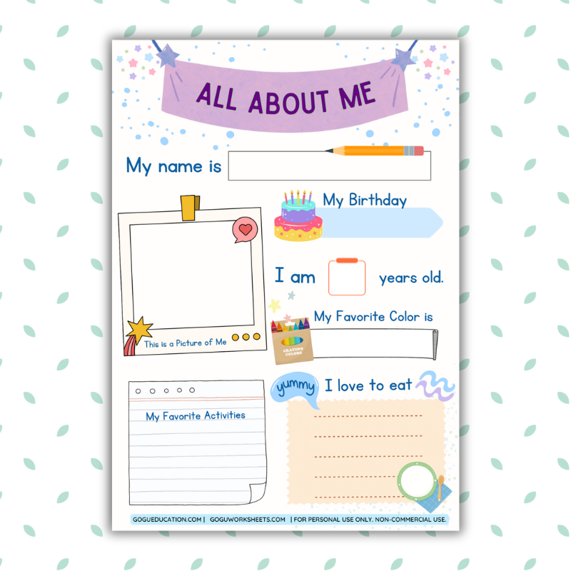 Preview GoguWorksheets.com – Download All About Me – Back to School Worksheet GoguEducation.com