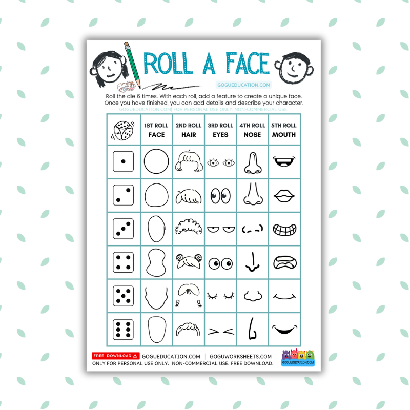 GoguWorksheets.com – Download PDF - Drawing Worksheet Roll A Face Game - GoguEducation.com