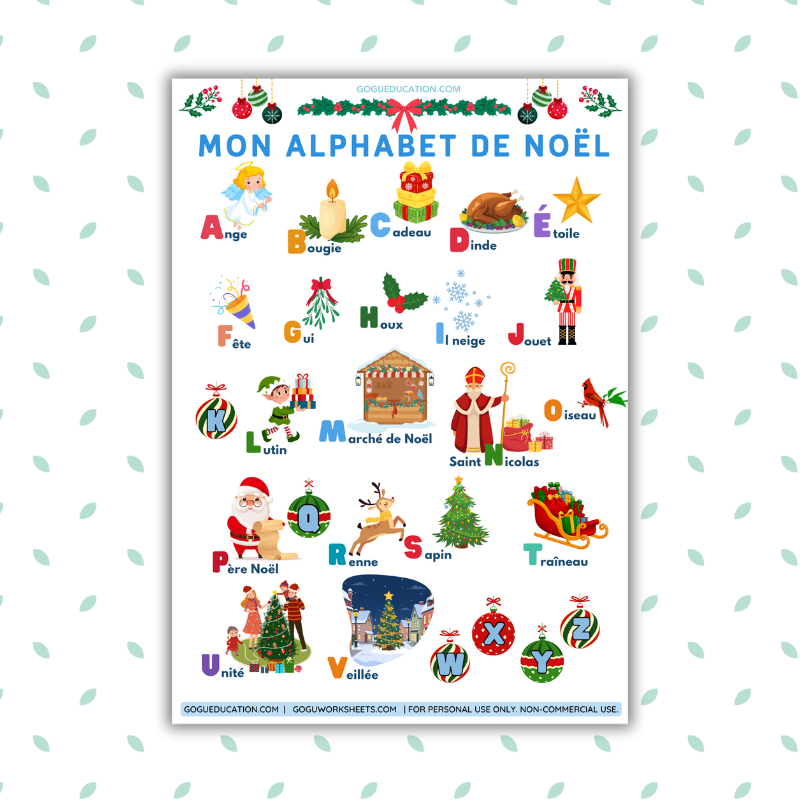 GoguWorksheets.com – Download PDF - French Christmas Alphabet Educational Poster - GoguEducation.com