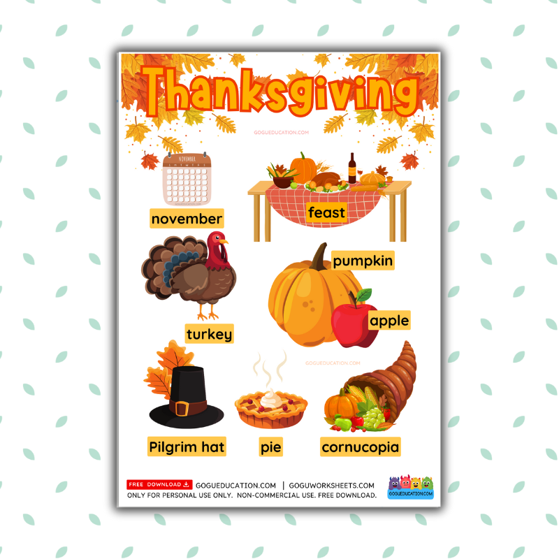 Preview GoguWorksheets.com – Download PDF - Thanksgiving Words Poster - GoguEducation.com
