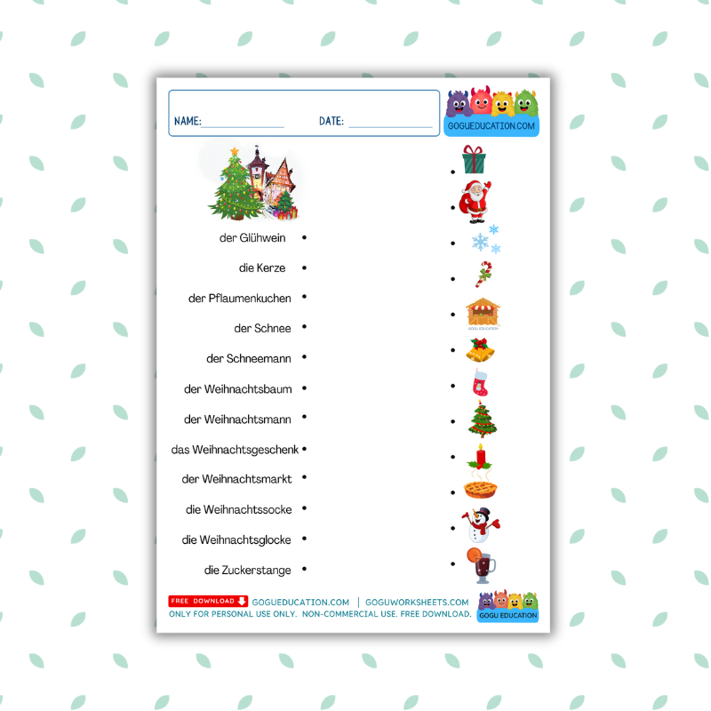 German Christmas Worksheet Word-Picture Match Worksheet Printable Gogu Education