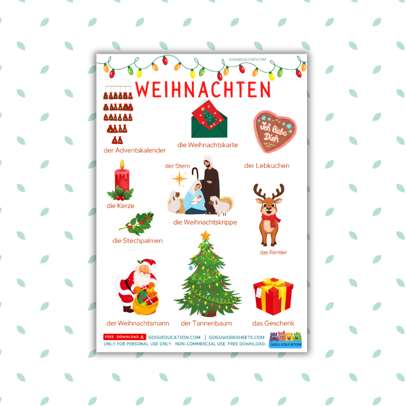 Preview GoguWorksheets.com – German Poster Christmas Weihnachten Words - GoguEducation.com