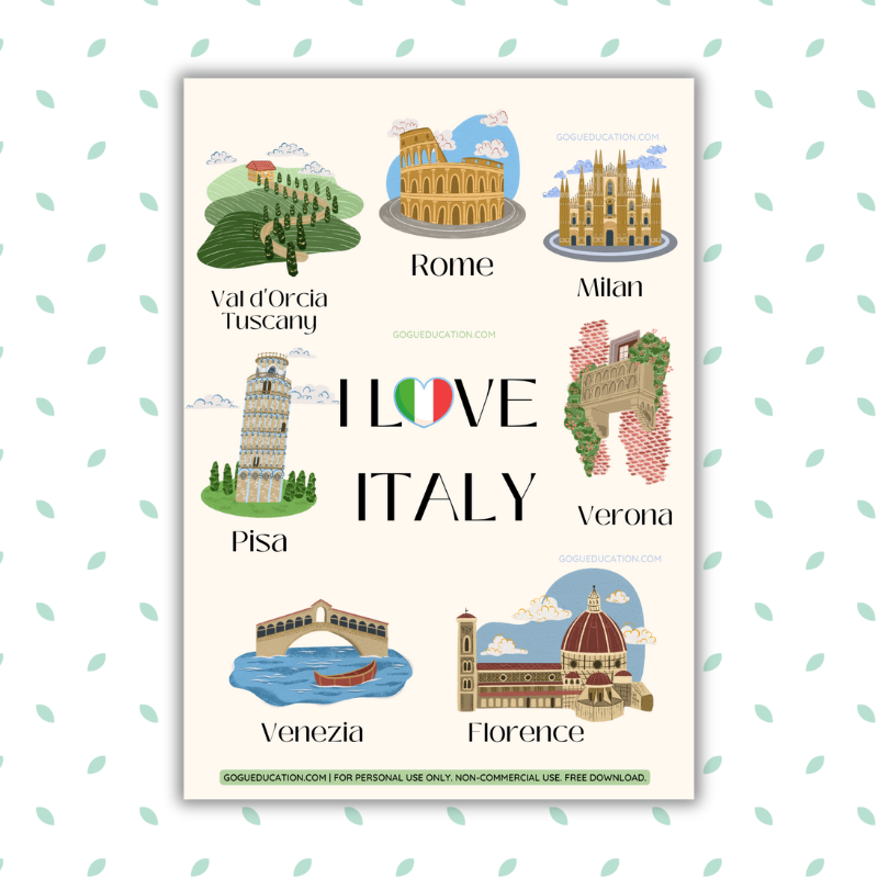 Preview GoguWorksheets.com – Italy Poster I love Italy Gogu Education