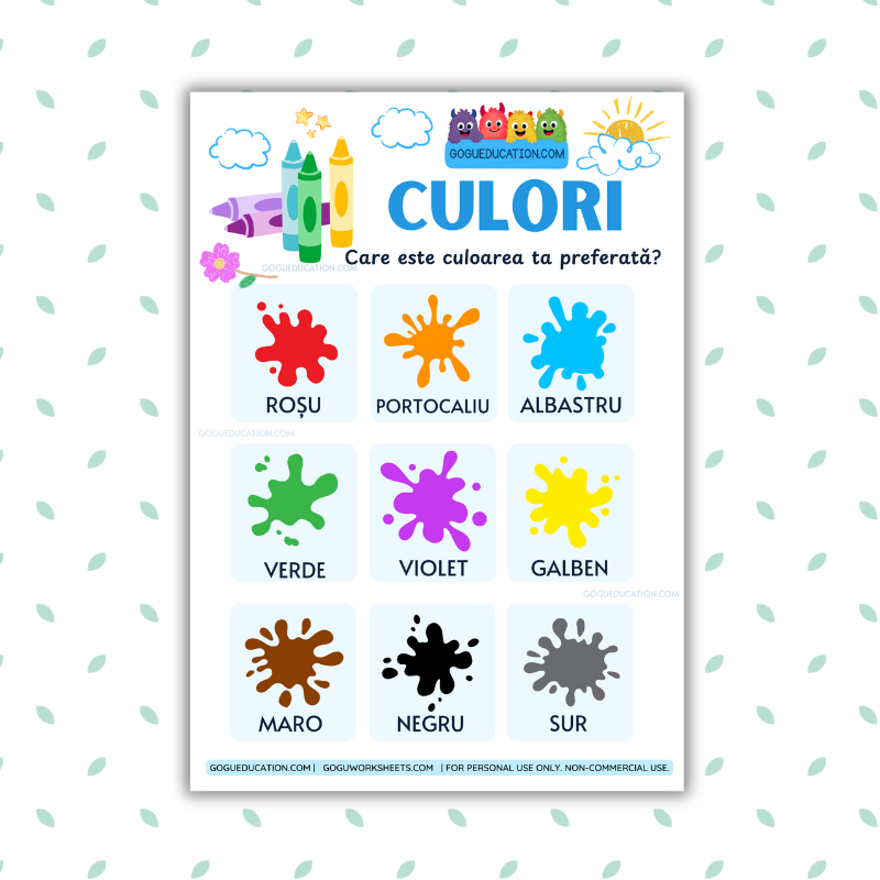 GoguWorksheets.com – Romanian Colors - GoguEducation.com