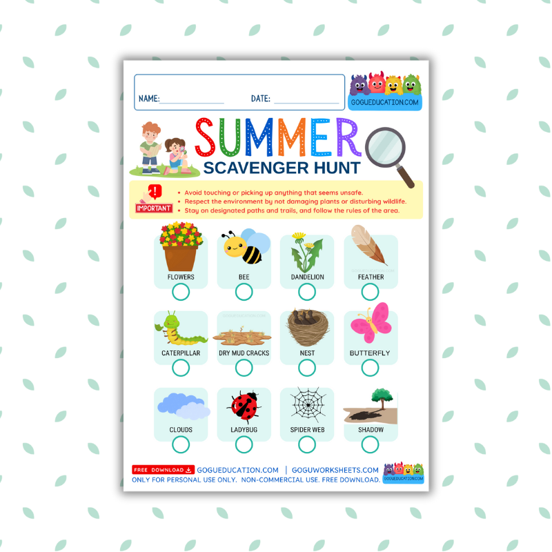 Preview GoguWorksheets.com – Summer Scavenger Hunt Nature - GoguEducation.com