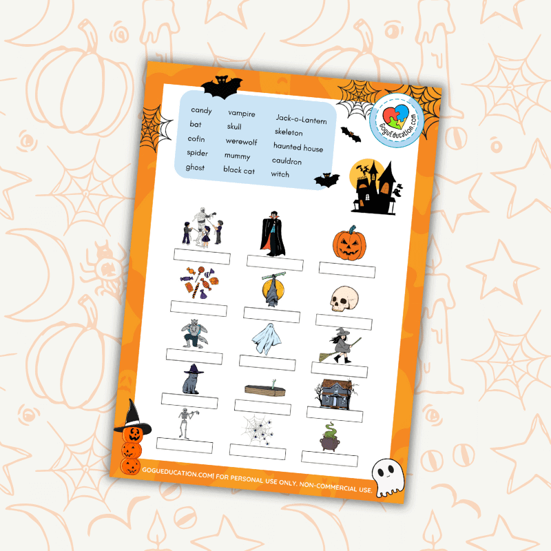 Halloween Worksheet Write the correct word next to each of the Halloween images