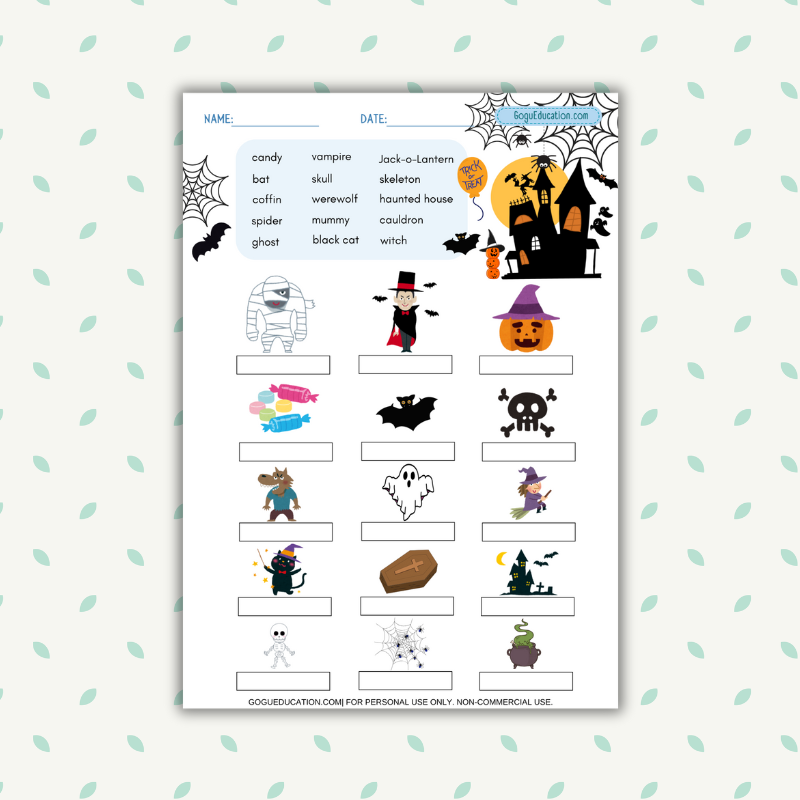 Halloween Worksheet Write the correct word next to each of the Halloween images Gogu Education