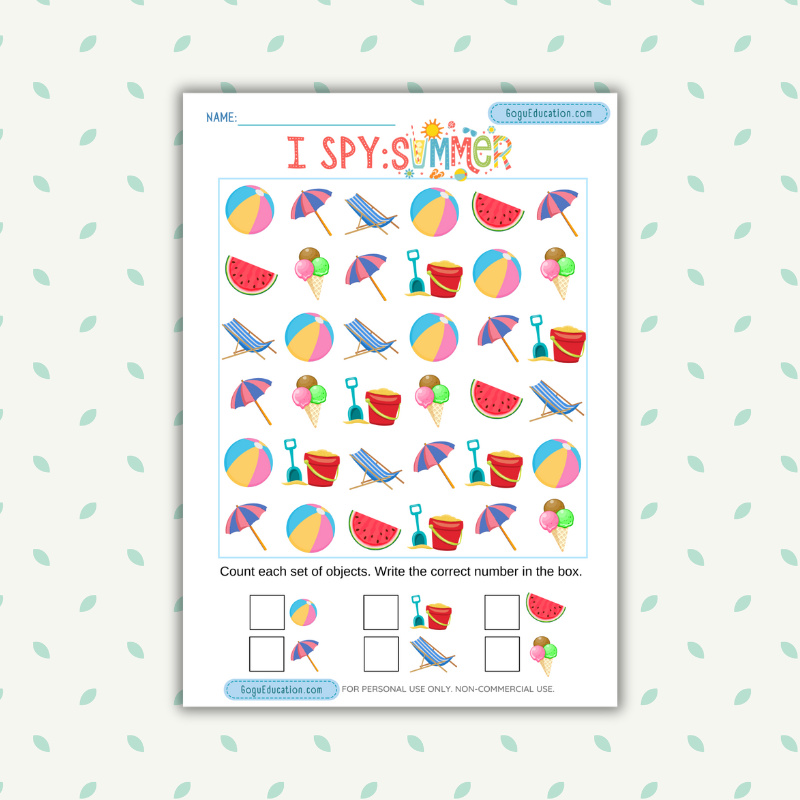 I Spy Summer Printable Math Counting Worksheet for kids I spy