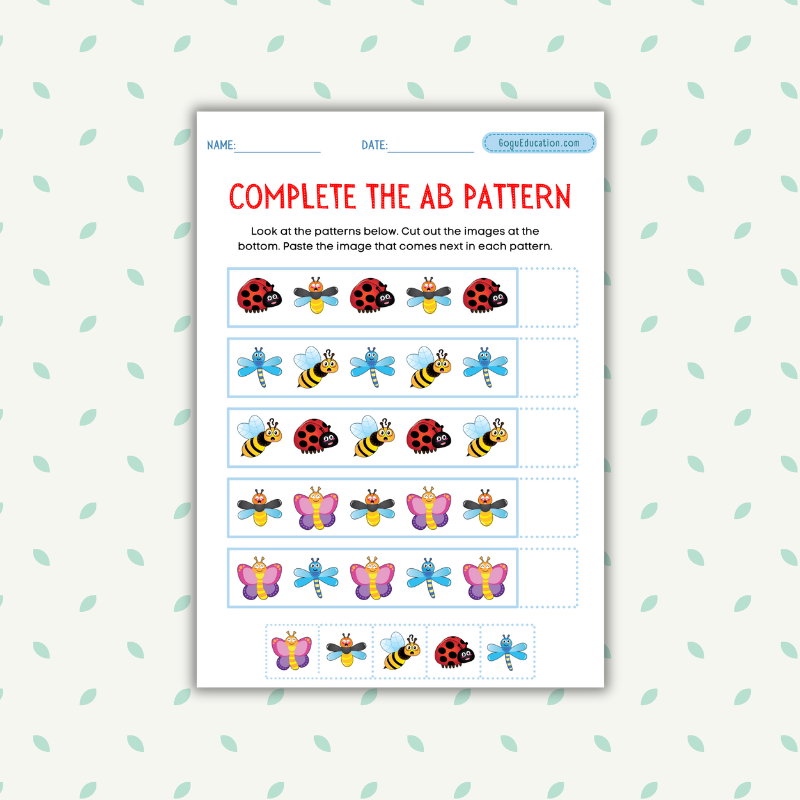 Complete the AB Pattern Math Worksheet Bugs