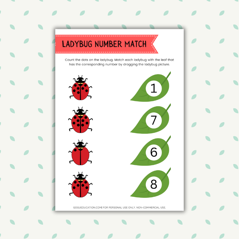 Math Worksheets Ladybug Number Match