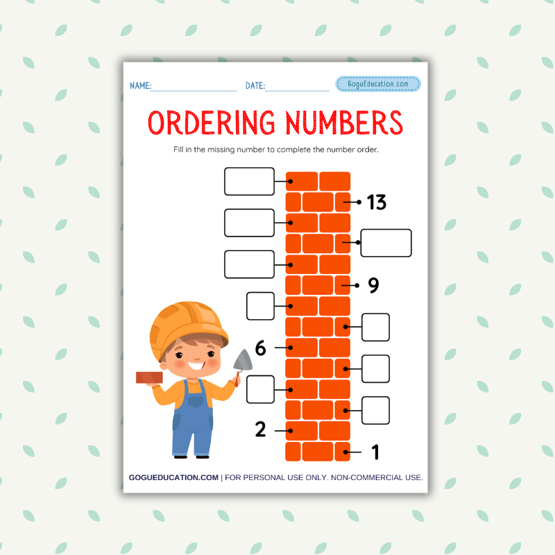Ordering Numbers Brick Wall Worksheet – Free Printable for Early Math Skills