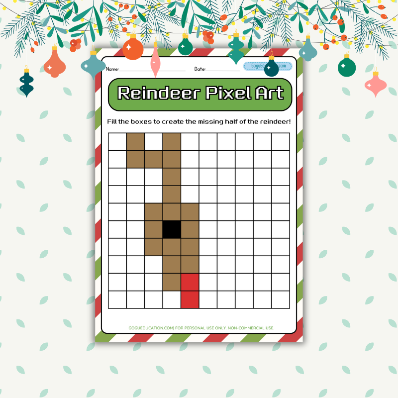 Rudolph Reindeer Pixel Art Worksheet