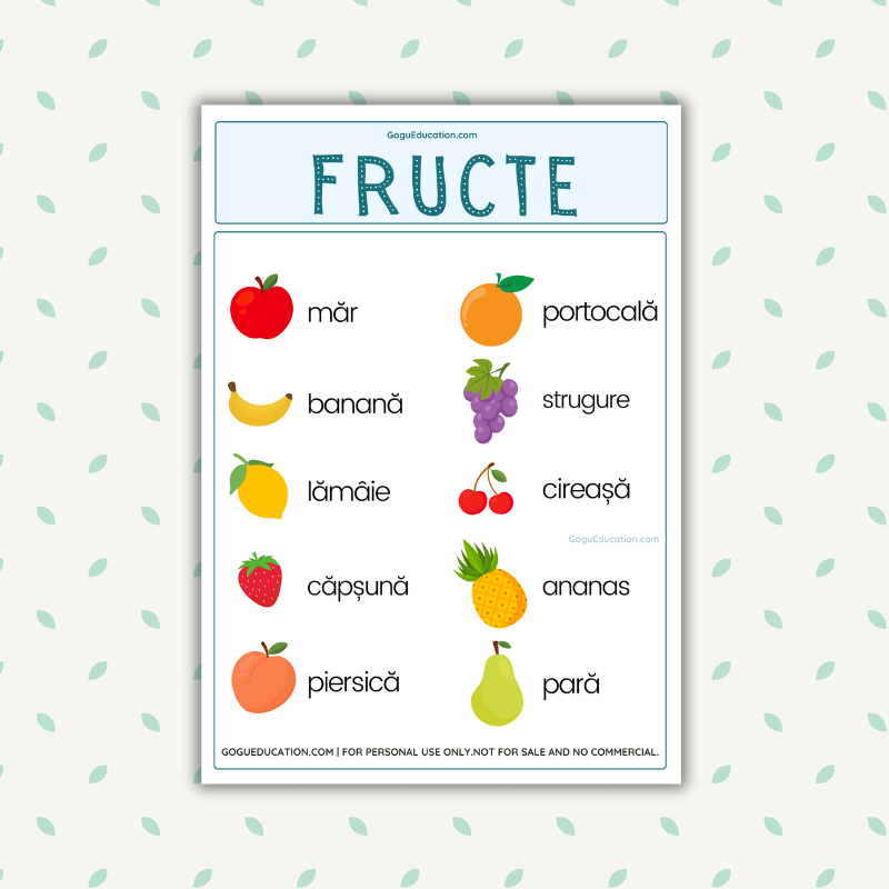 Preview Romanian Vocabulary Fruits Poster PDF Gogu Education