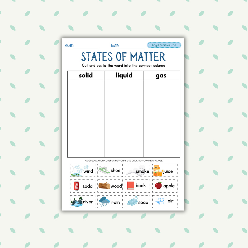 States of Matter Sorting Science Worksheet Gogu Education