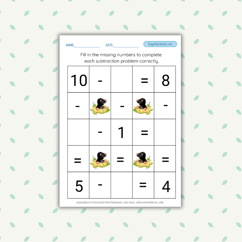 Subtraction Worksheet with a mole