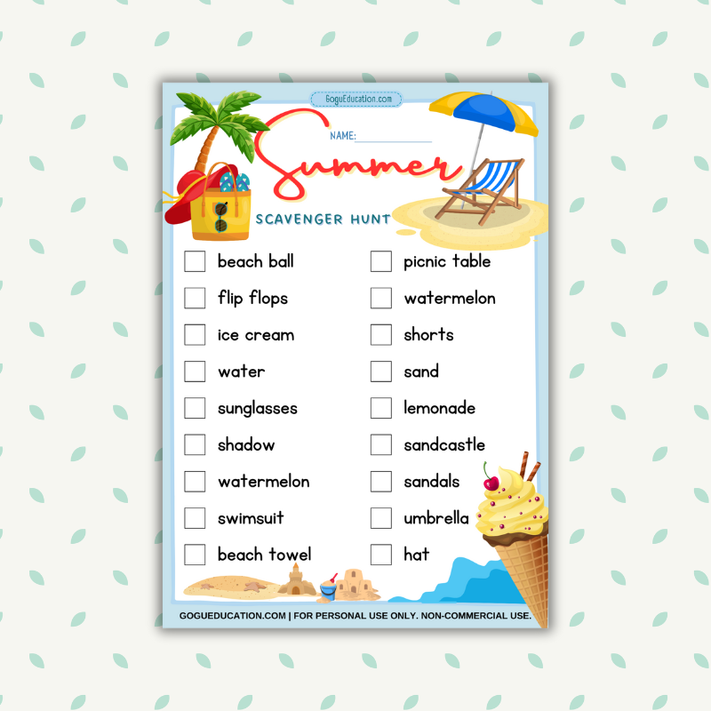 Summer Scavenger Hunt Worksheet