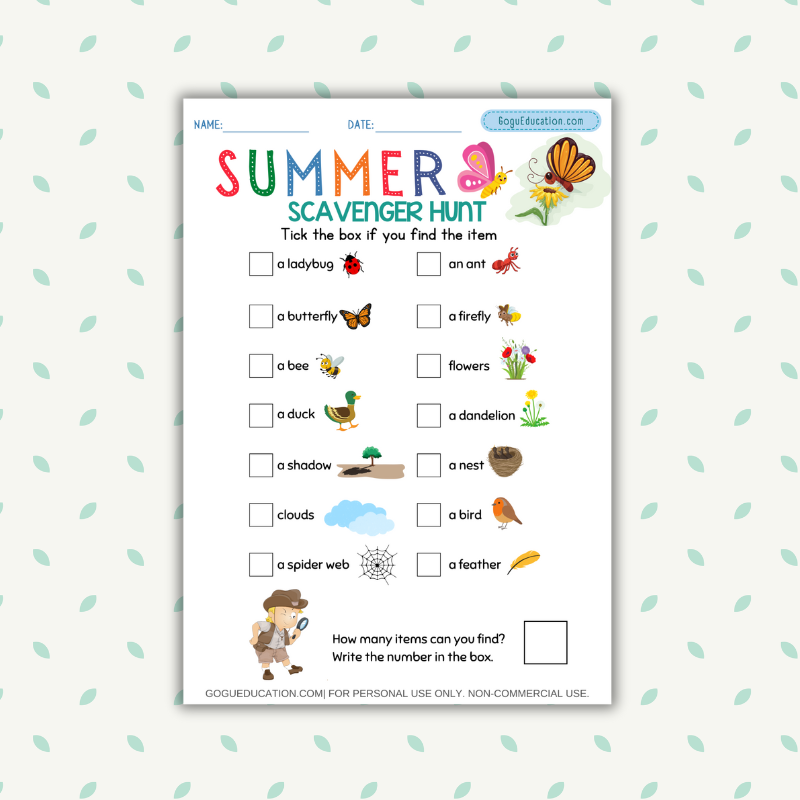 Summer Scavenger Hunt Worksheet