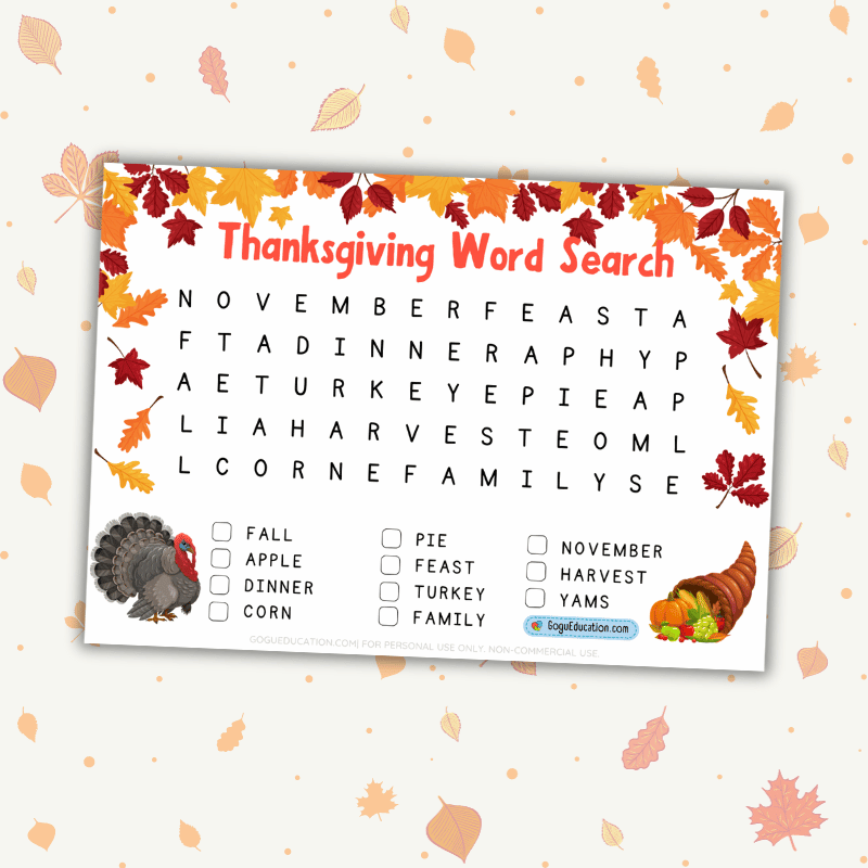 Thanksgiving Word Search Vocabulary Worksheet