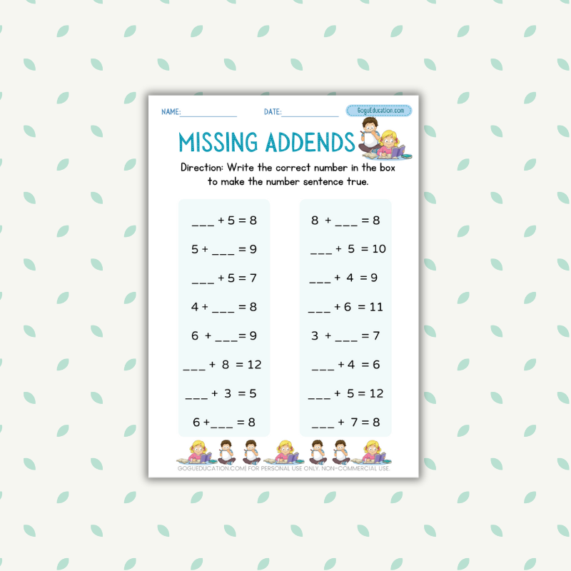 Math Worksheet Missing Addends