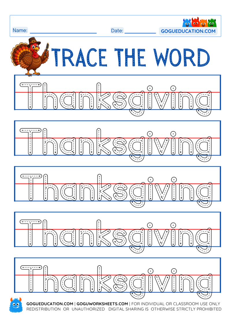 Thanksgiving - Tracing Word Worksheet - GoguEducation