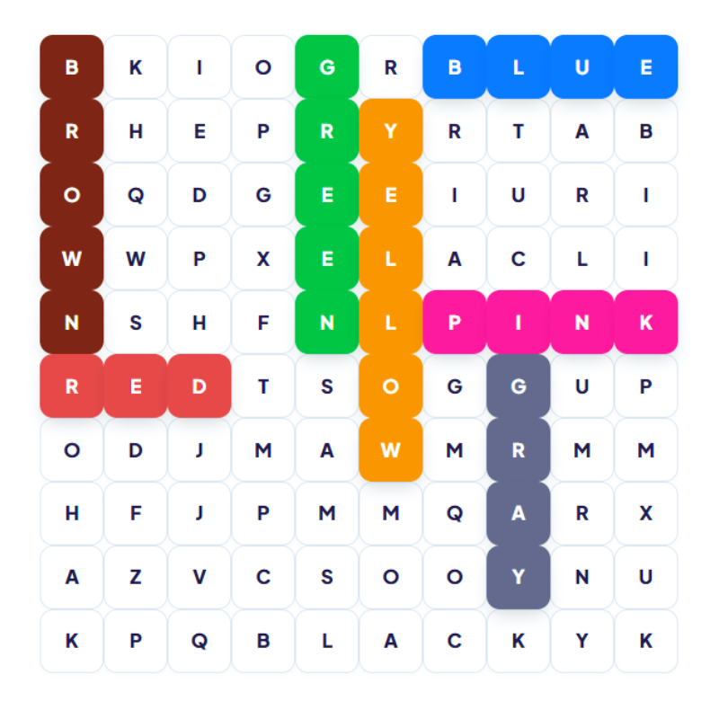 Colorful word search puzzle for kids