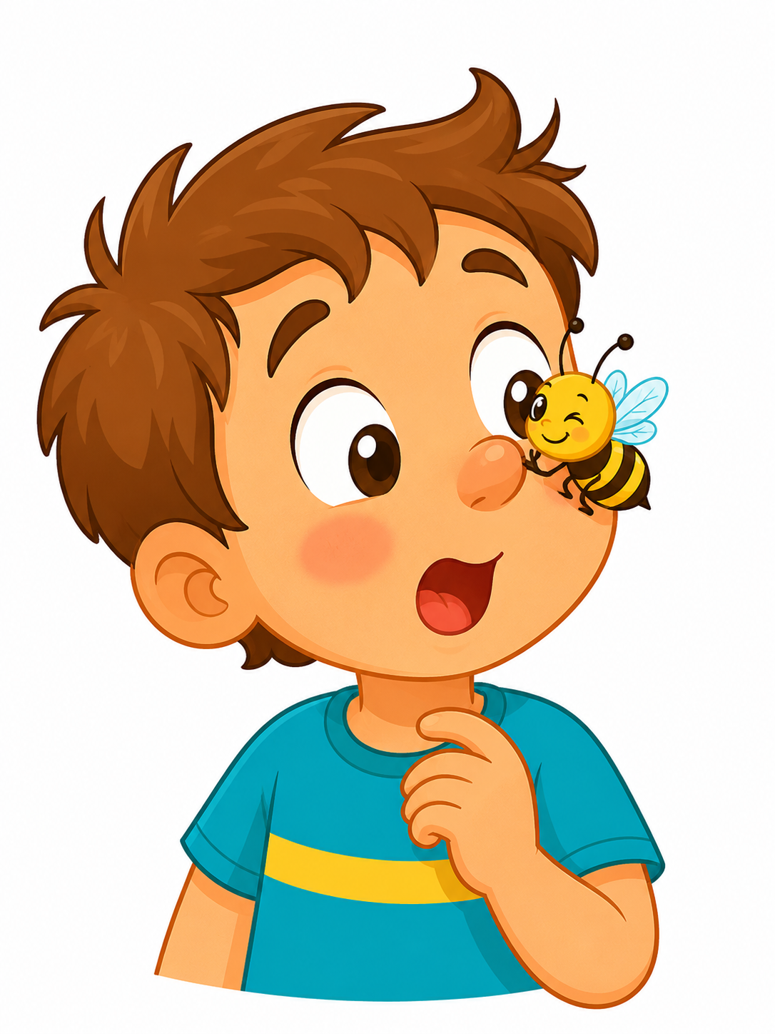 Children's illustration of a bee sitting on a child's nose
